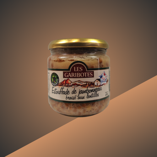 Étouffade de jambonneau braisé aux lentilles Les Garibotes, spécialité aveyronnaise disponible chez L’Étal de l’Aveyron à Agde